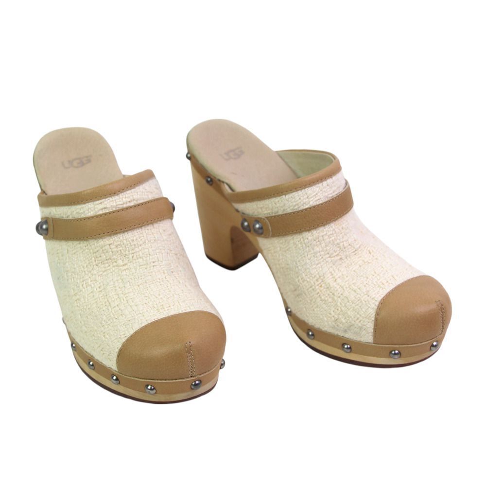 UGG BEIGE TEXTILE LEATHER ROUND TOE HIGH HEEL SANDALS SABO MULES SHOES Sz 8/39